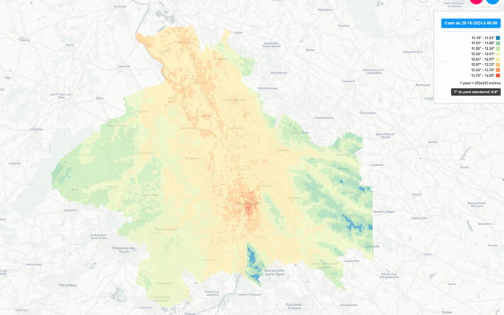 Les stations météo remontent des données précises toutes les 15 mn afin de faire apparaître les points les plus chauds de la métropole (en orange et rouge). Crédits photo : Toulouse Métropole