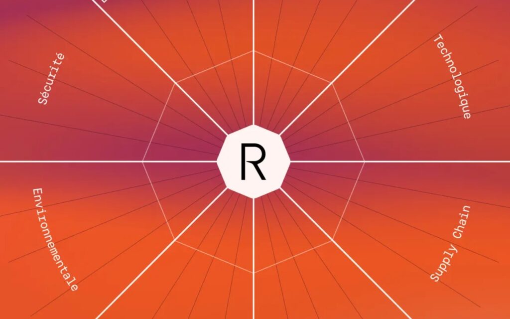 Diagramme en forme de radar centré sur la lettre R, illustrant huit axes thématiques : Technologique, Supply Chain, Environnementale, Sécurité, et quatre autres non visibles. Chaque axe représente un domaine d’impact ou de responsabilité.