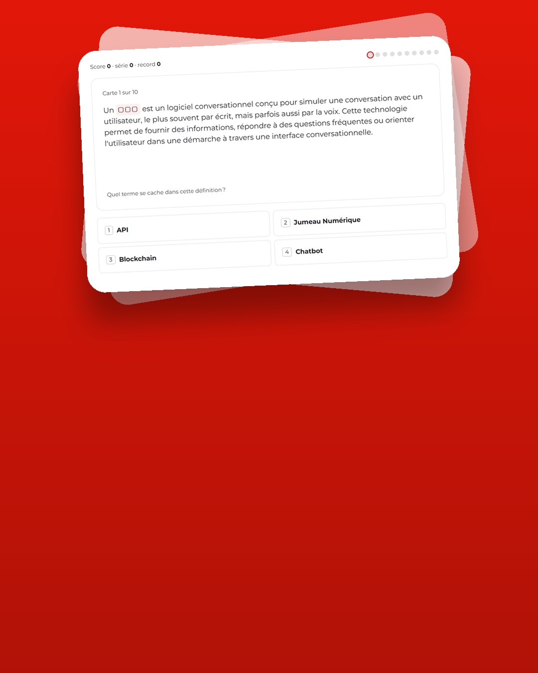 Carte du jeu du glossaire : une définition au terme masqué et quatre propositions
